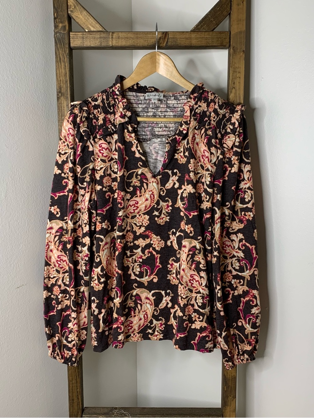 Wonderly Woven Paisley Long-Sleeve V-Neck Top Size L